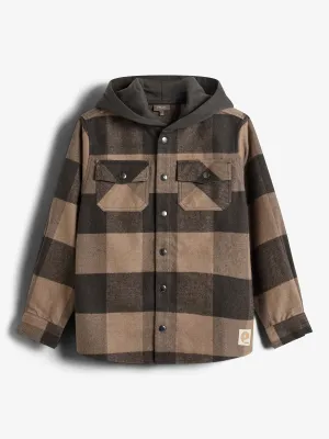 Hooded Plaid Shacket - Tween - Dark Beige/Grey Melange