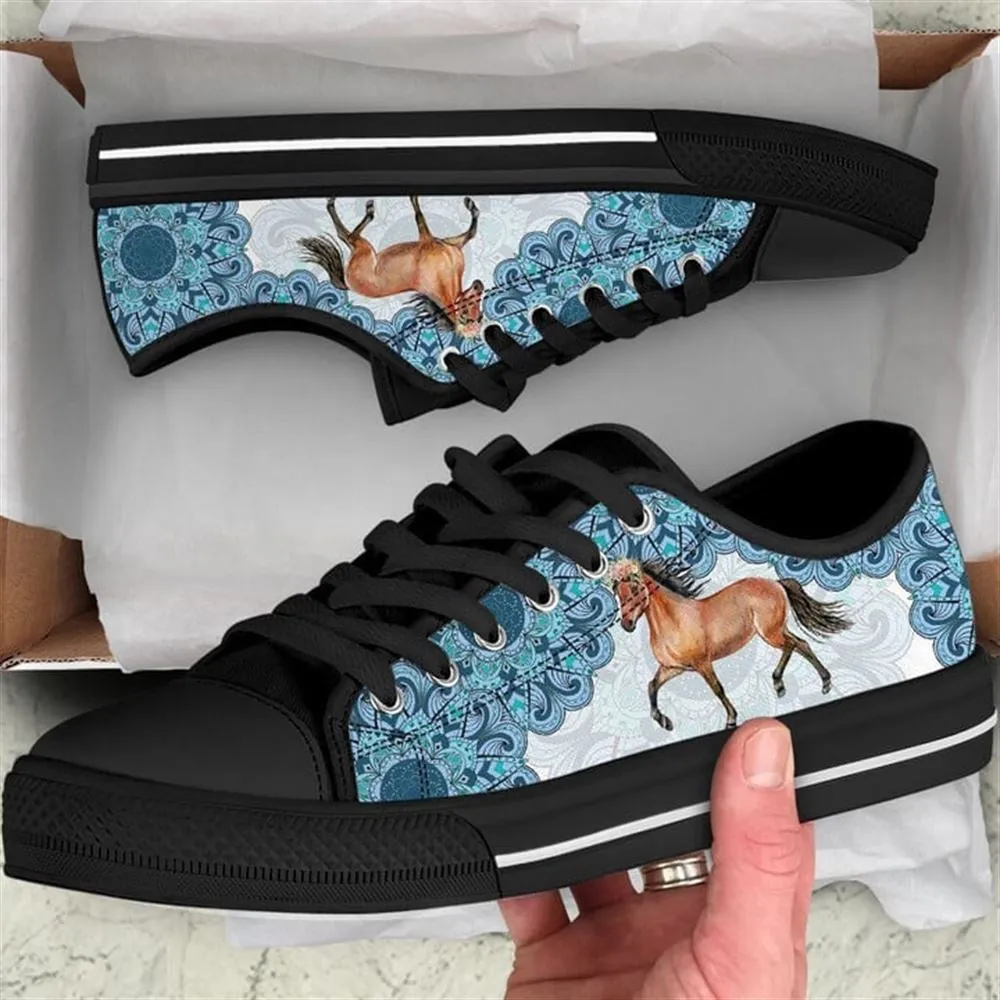 Horse Watercolor Mandala Blue Canvas Low Top Shoes, Animal Print Canvas Shoes, Print On Canvas Shoes