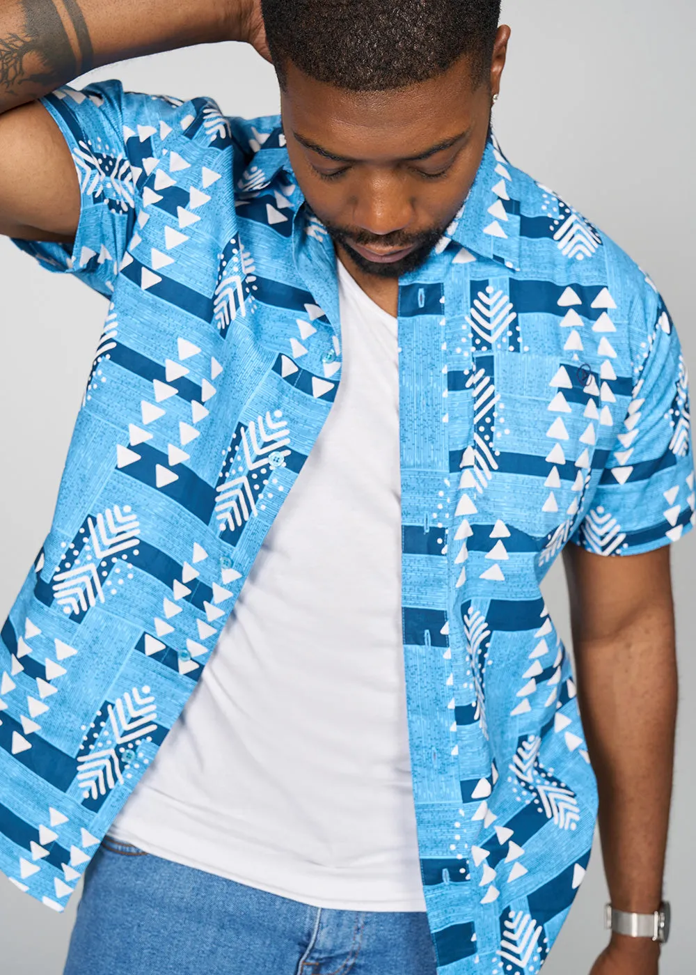 Keyon Men's African Print Button-up Shirt (Navy White Mudcloth)