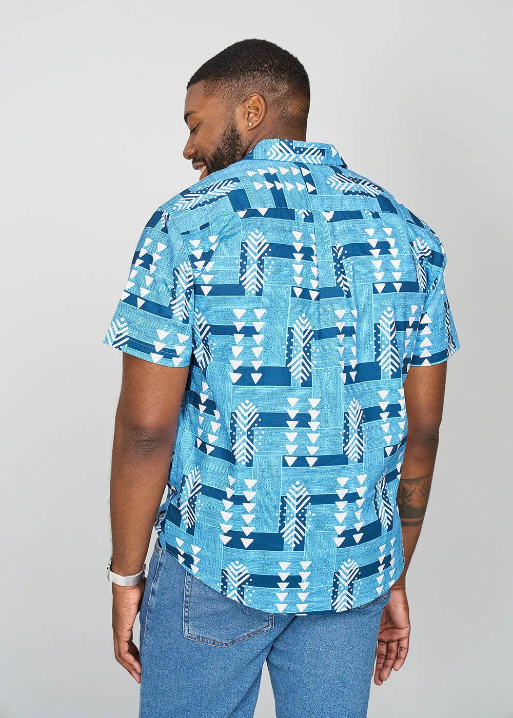 Keyon Men's African Print Button-up Shirt (Navy White Mudcloth)