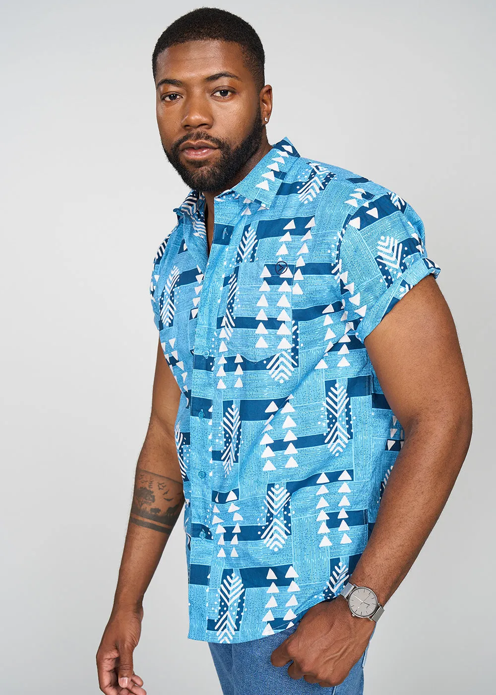 Keyon Men's African Print Button-up Shirt (Navy White Mudcloth)