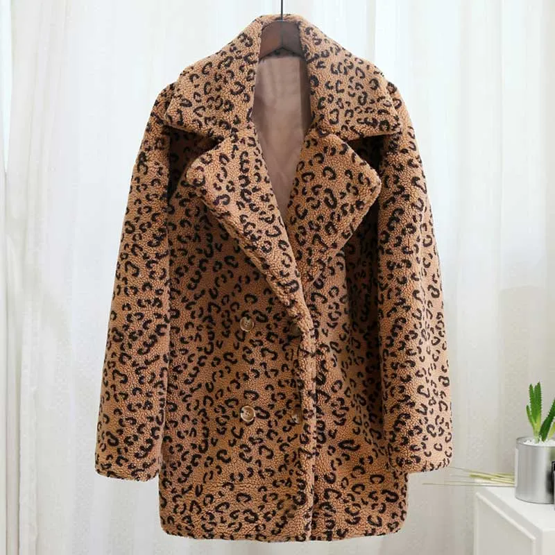 Leopard Print Fuzzy Teddy Jacket  Women Warm Fur Jacket Streetwear