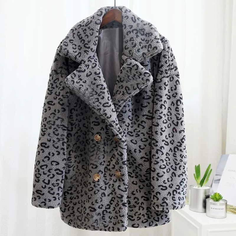 Leopard Print Fuzzy Teddy Jacket  Women Warm Fur Jacket Streetwear