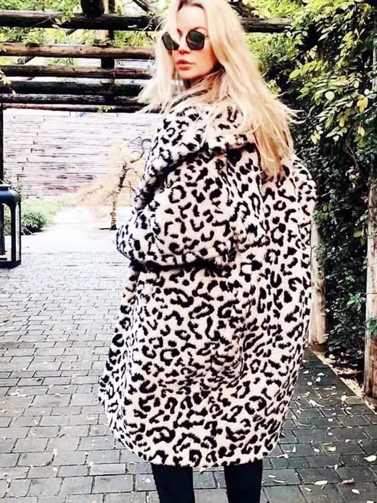 Leopard Print Fuzzy Teddy Jacket  Women Warm Fur Jacket Streetwear