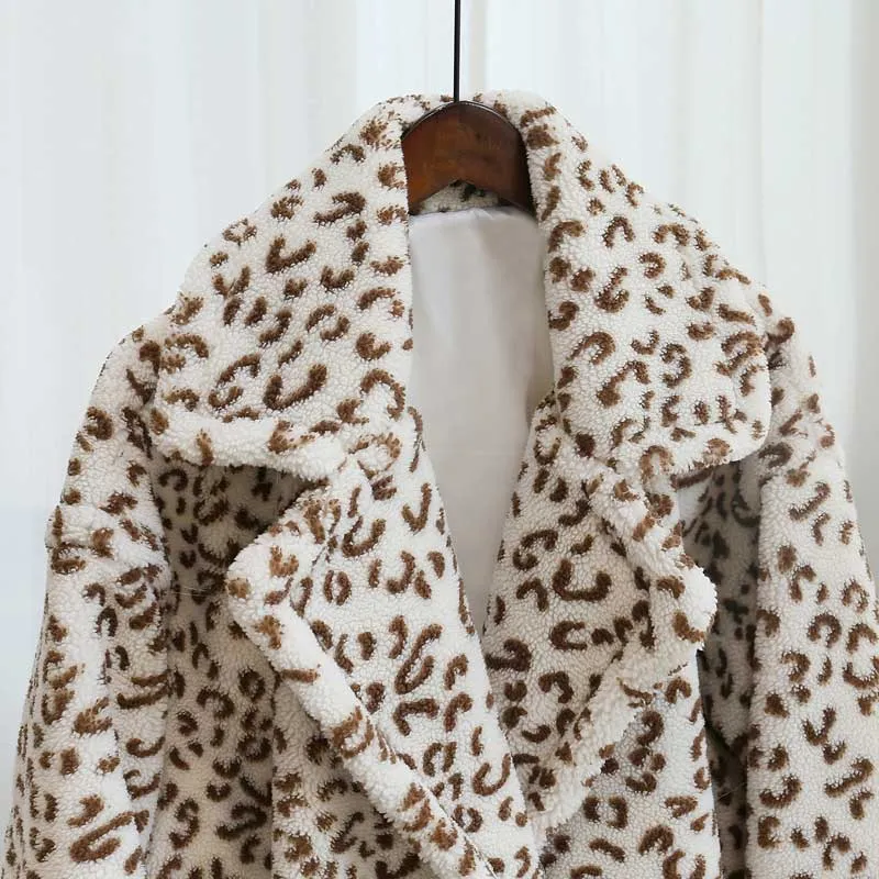 Leopard Print Fuzzy Teddy Jacket  Women Warm Fur Jacket Streetwear