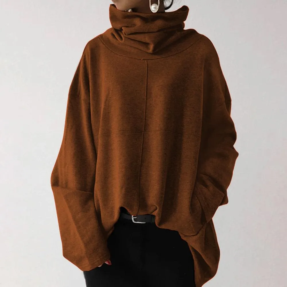 Loose casual long-sleeved high-neck pullover solid color pocket jacket sweater