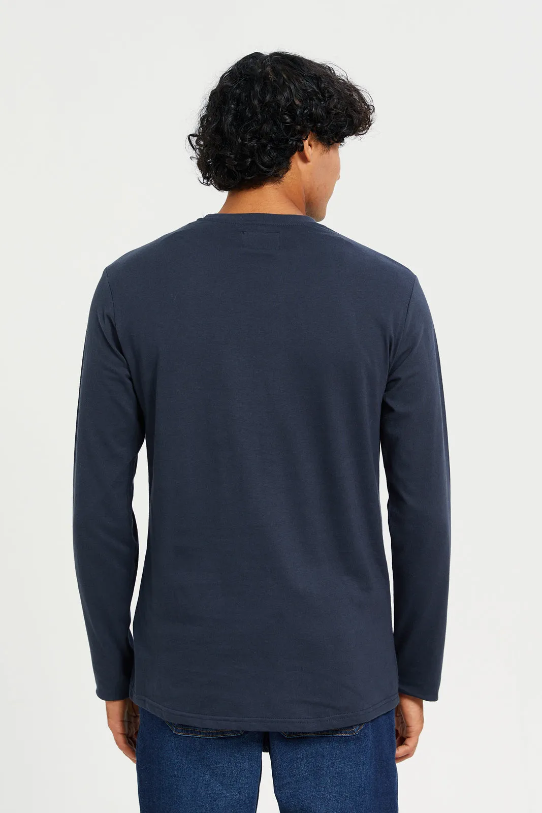 Men Navy Long Sleeve Printed T-shirt