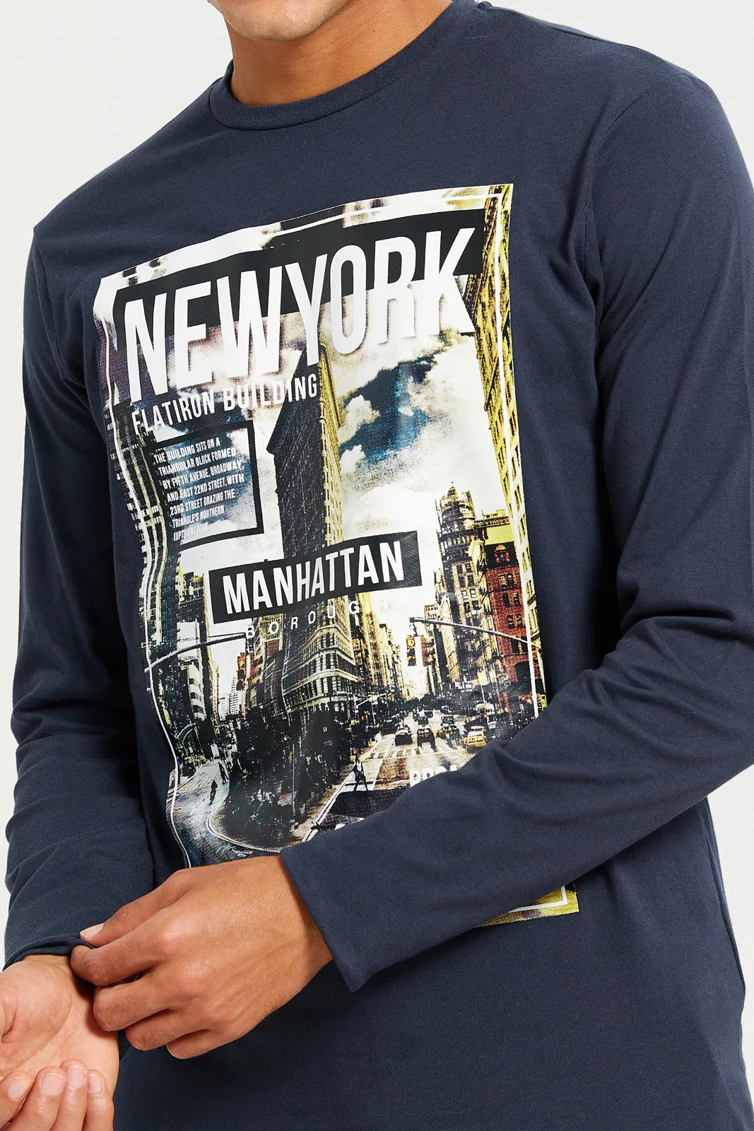 Men Navy Long Sleeve Printed T-shirt