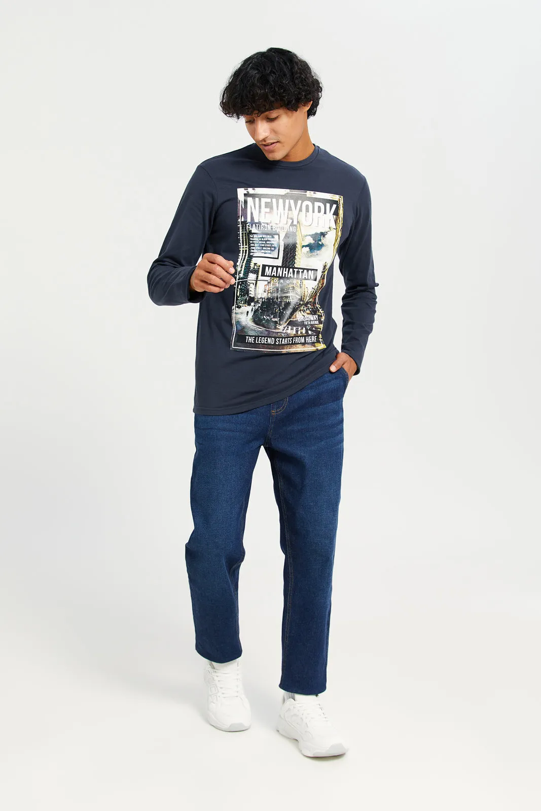 Men Navy Long Sleeve Printed T-shirt