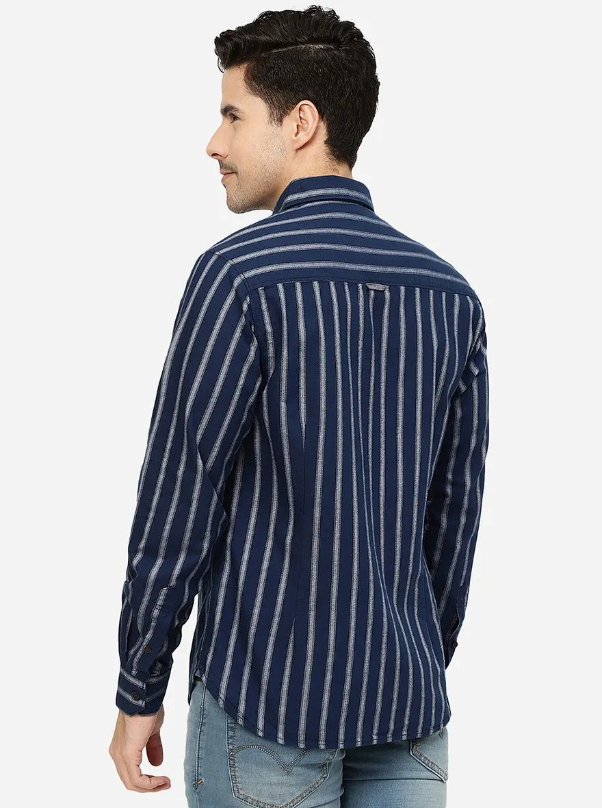 Navy Blue Striped Slim Fit Casual Shirt | Greenfibre