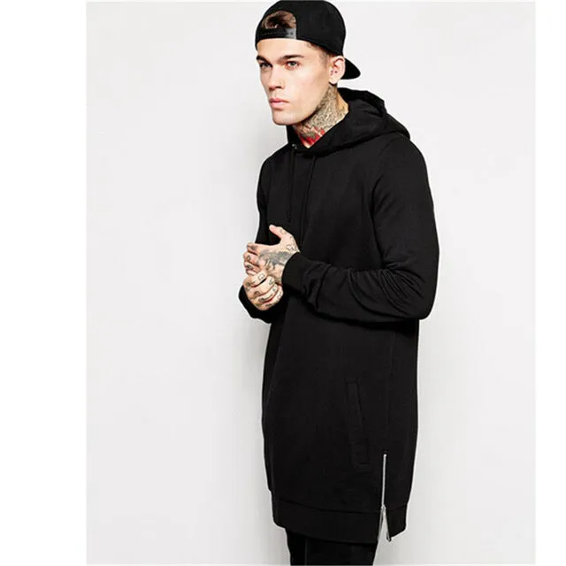 New Arrival Free Shipping Fashion Men's Long Black Hoodies Sweatshirts Feece With Side Zip Longline Hip Hop Streetwear Shirt