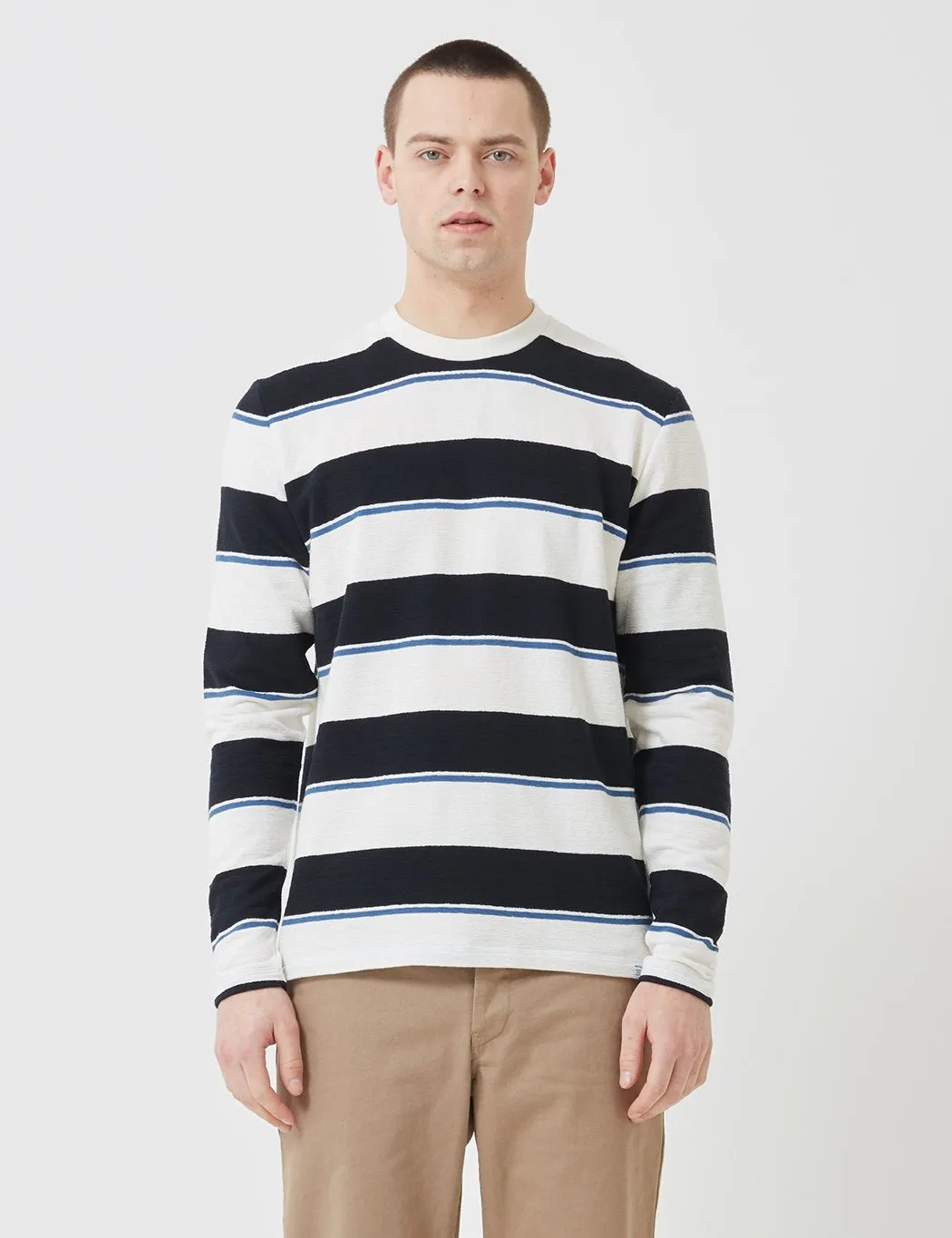 Norse Projects Johannes Textured Stripe Long Sleeve T-Shirt - Dark Navy Blue