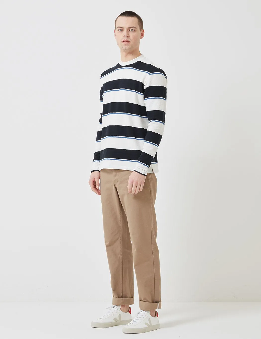 Norse Projects Johannes Textured Stripe Long Sleeve T-Shirt - Dark Navy Blue