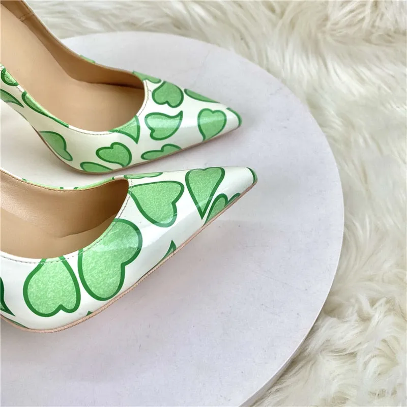 Pre Order:  Green Heart Patent Leather Pointed-Toe Shoes