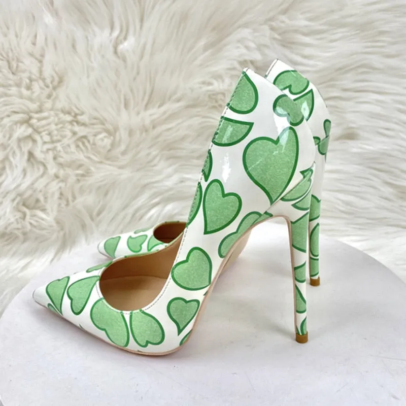 Pre Order:  Green Heart Patent Leather Pointed-Toe Shoes