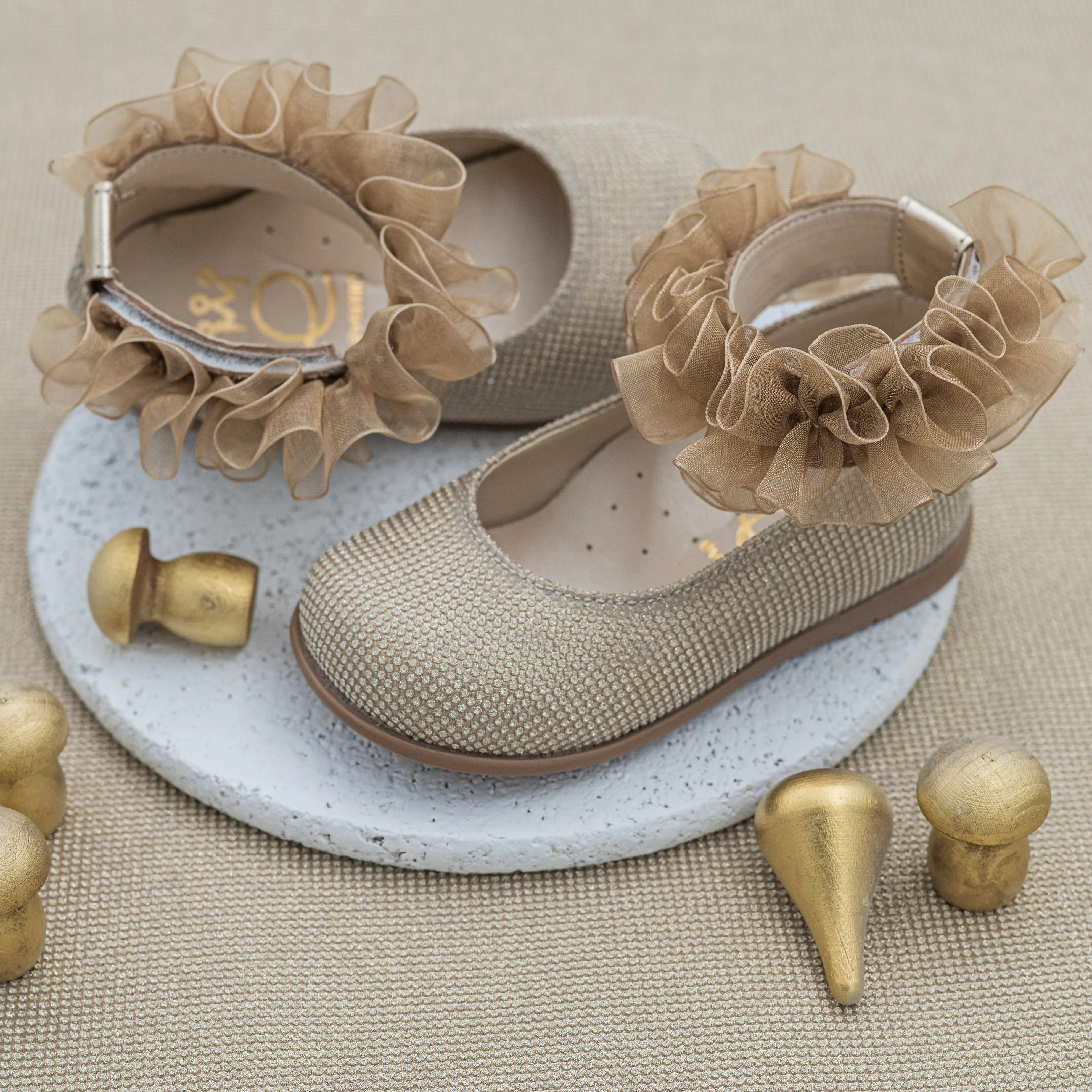 Ruffled Ankle Gold Shoe