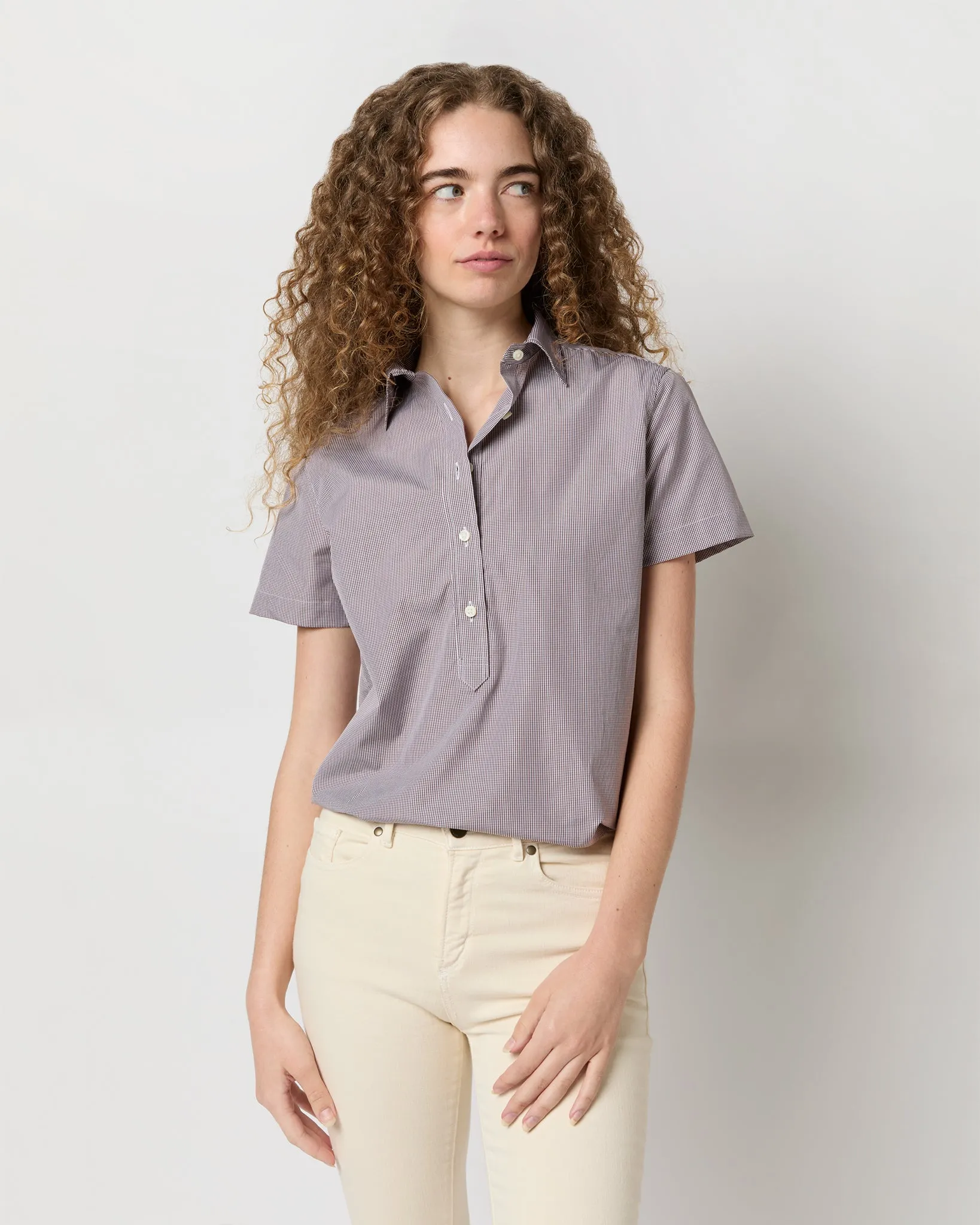 Short-Sleeved Tomboy Popover Shirt in Brown Micro Gingham Poplin