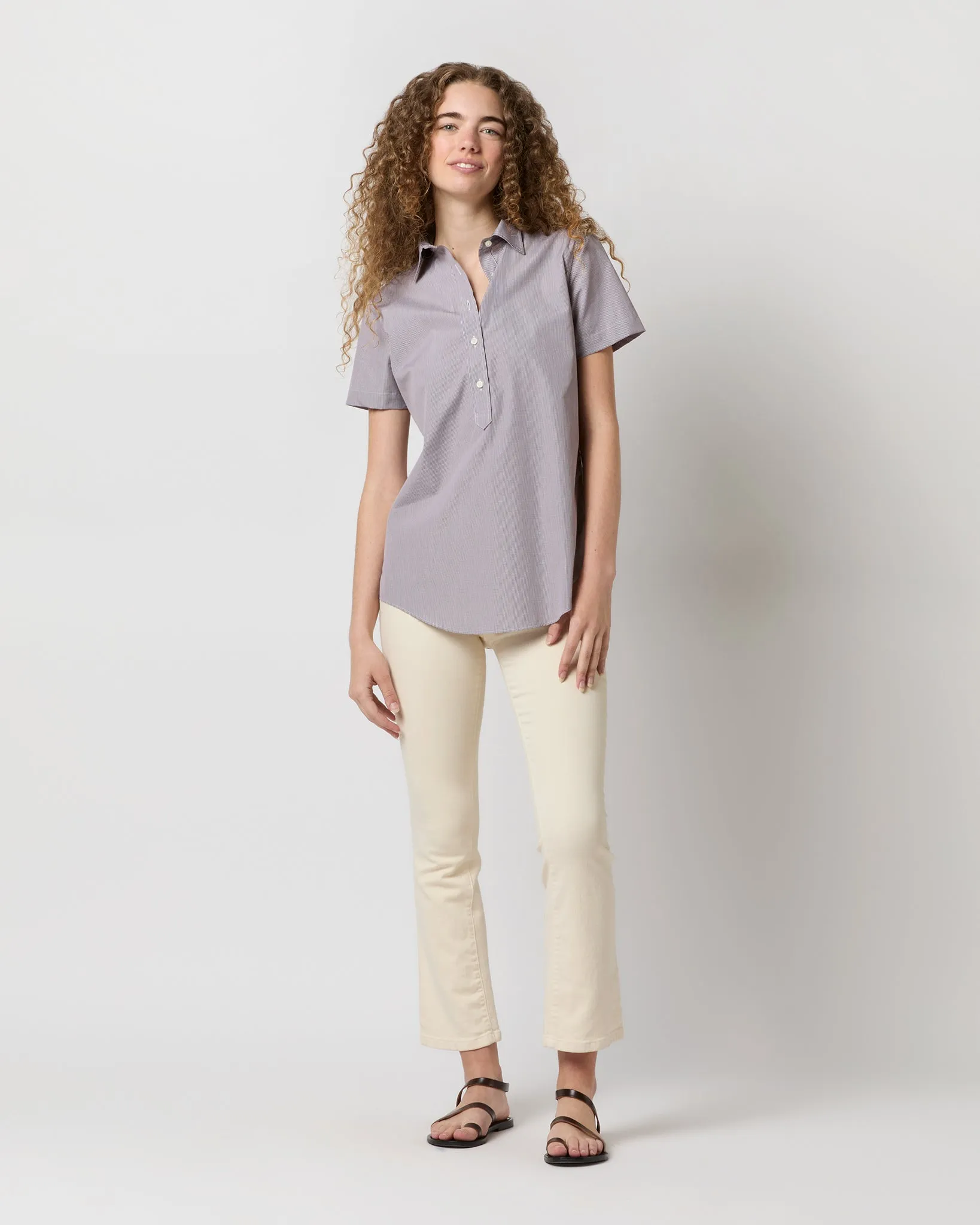 Short-Sleeved Tomboy Popover Shirt in Brown Micro Gingham Poplin