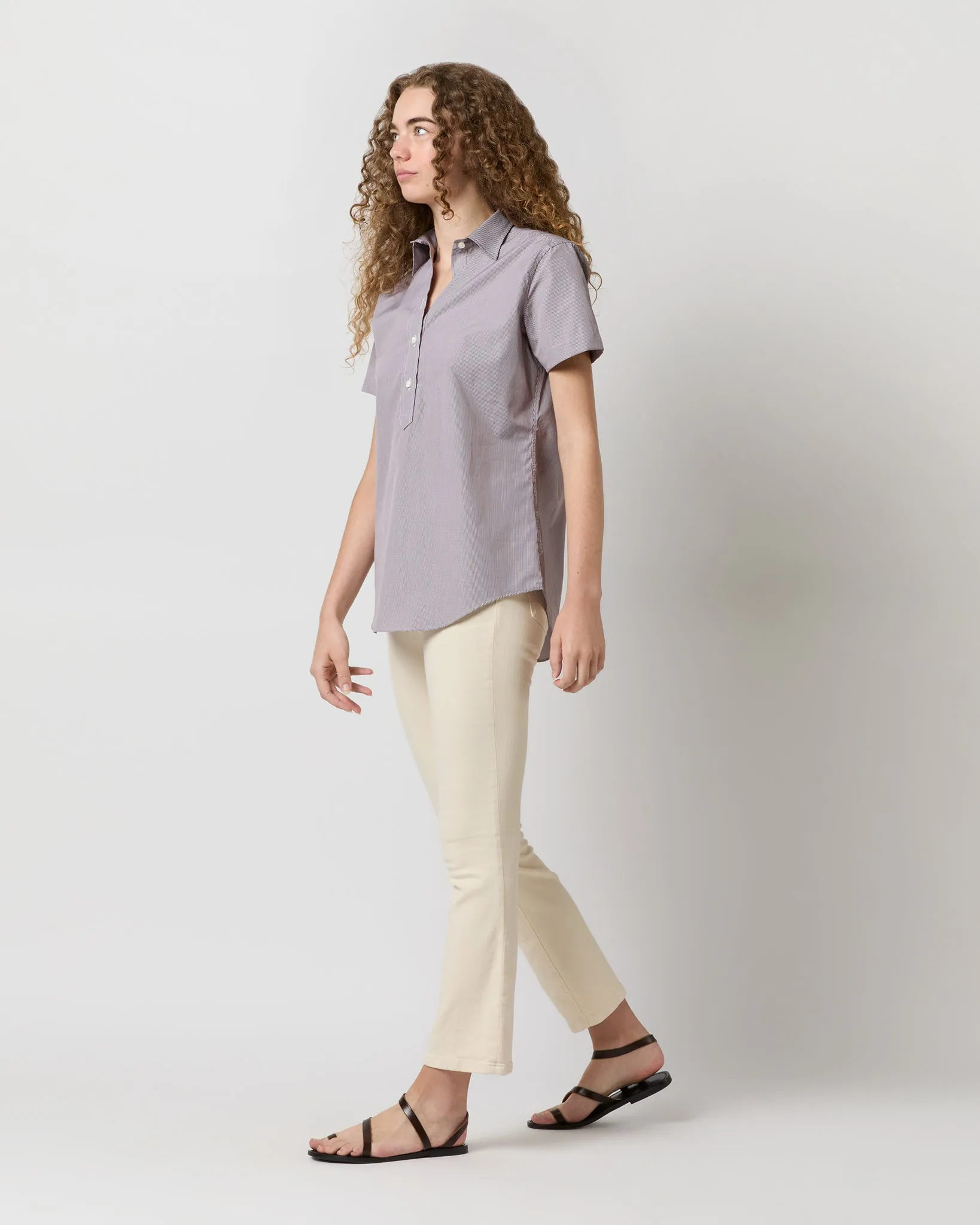 Short-Sleeved Tomboy Popover Shirt in Brown Micro Gingham Poplin