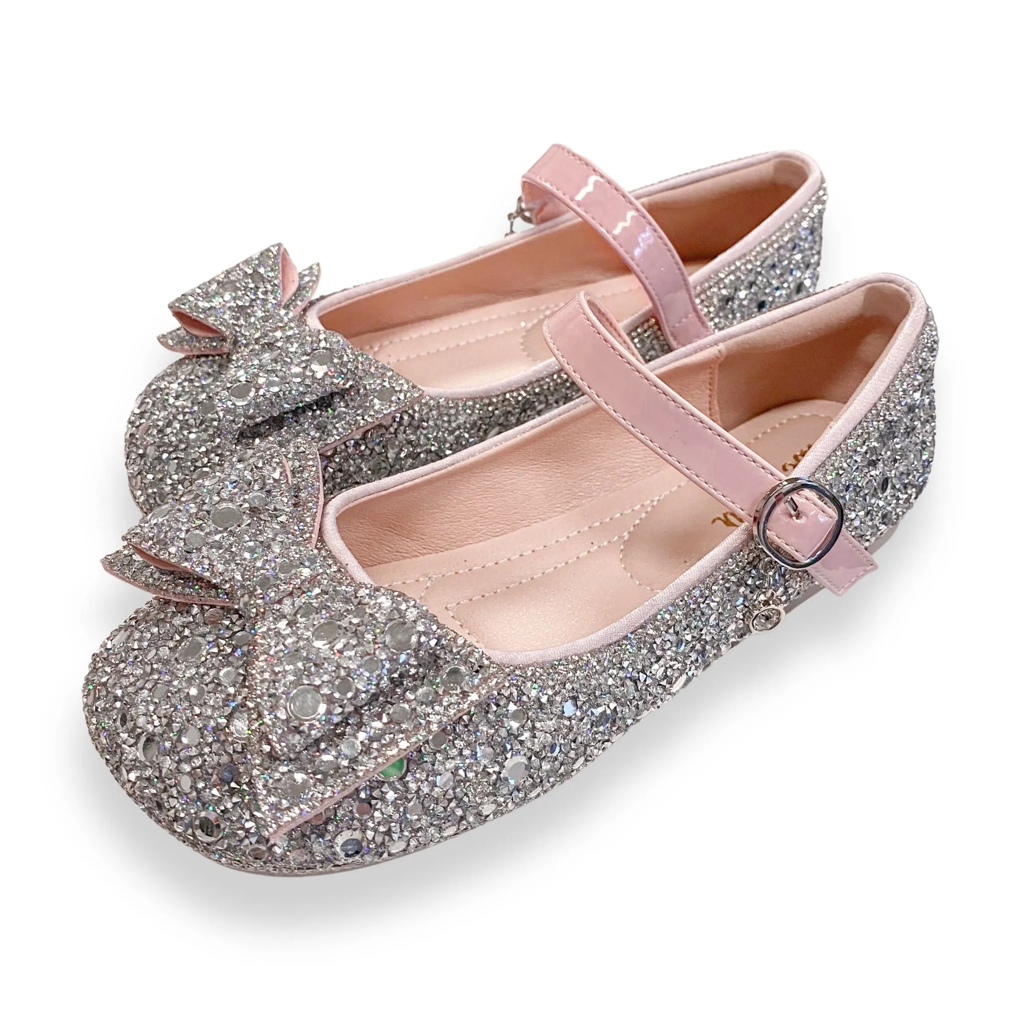 Silver Embellished Bowtie Flat Shoes in Pink