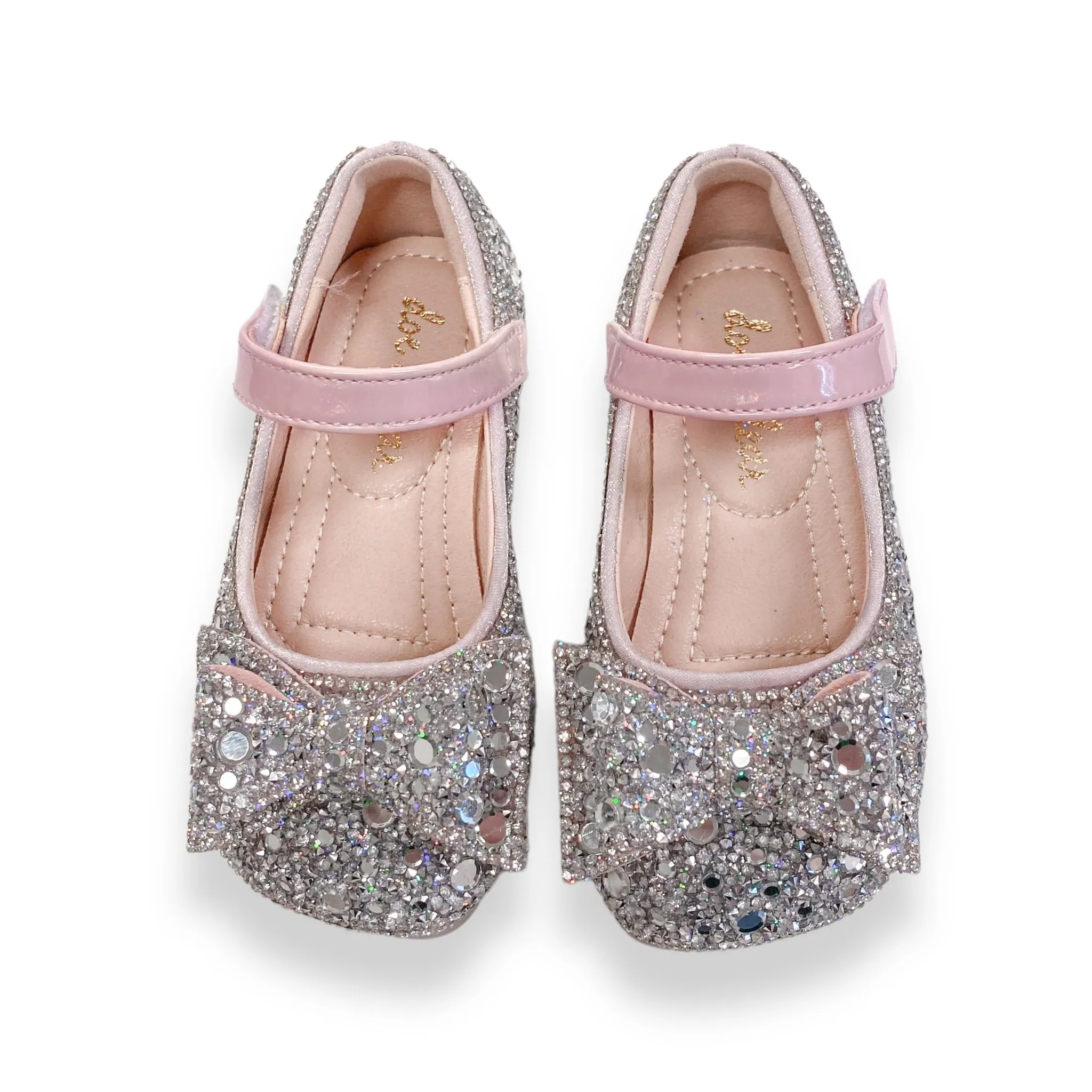 Silver Embellished Bowtie Flat Shoes in Pink