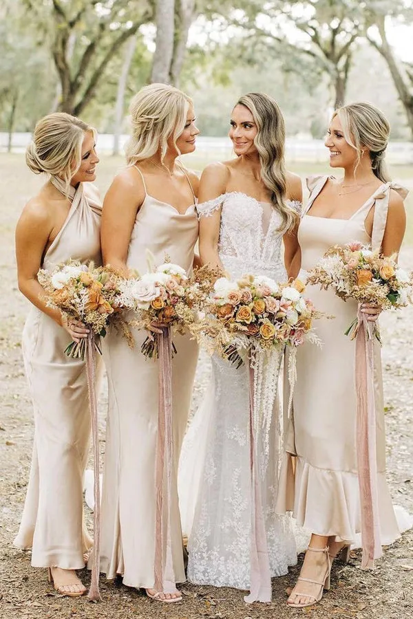 Simple Elegant Long Champagne Bridesmaid Dress BD131