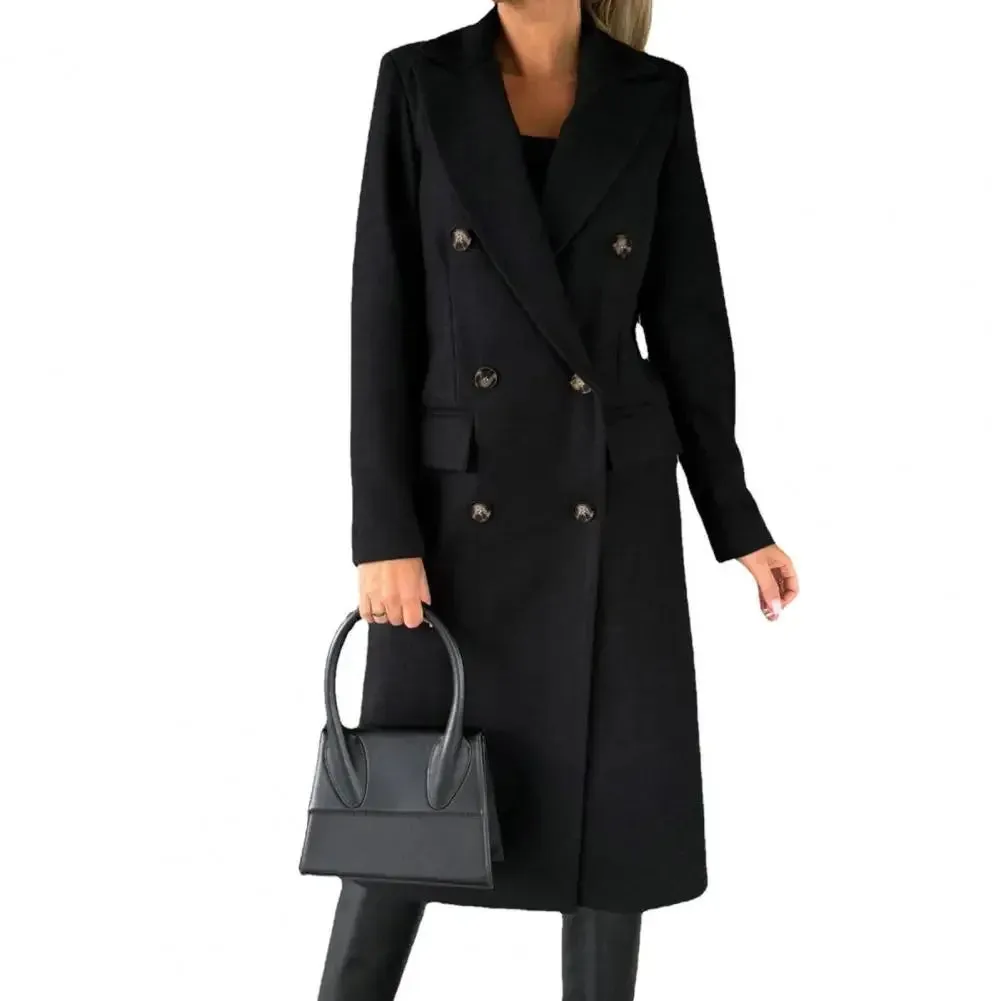 Slim Fit Double Breasted Solid Color Woolen Autumn Winter Long Women Coats