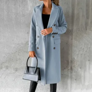 Slim Fit Double Breasted Solid Color Woolen Autumn Winter Long Women Coats