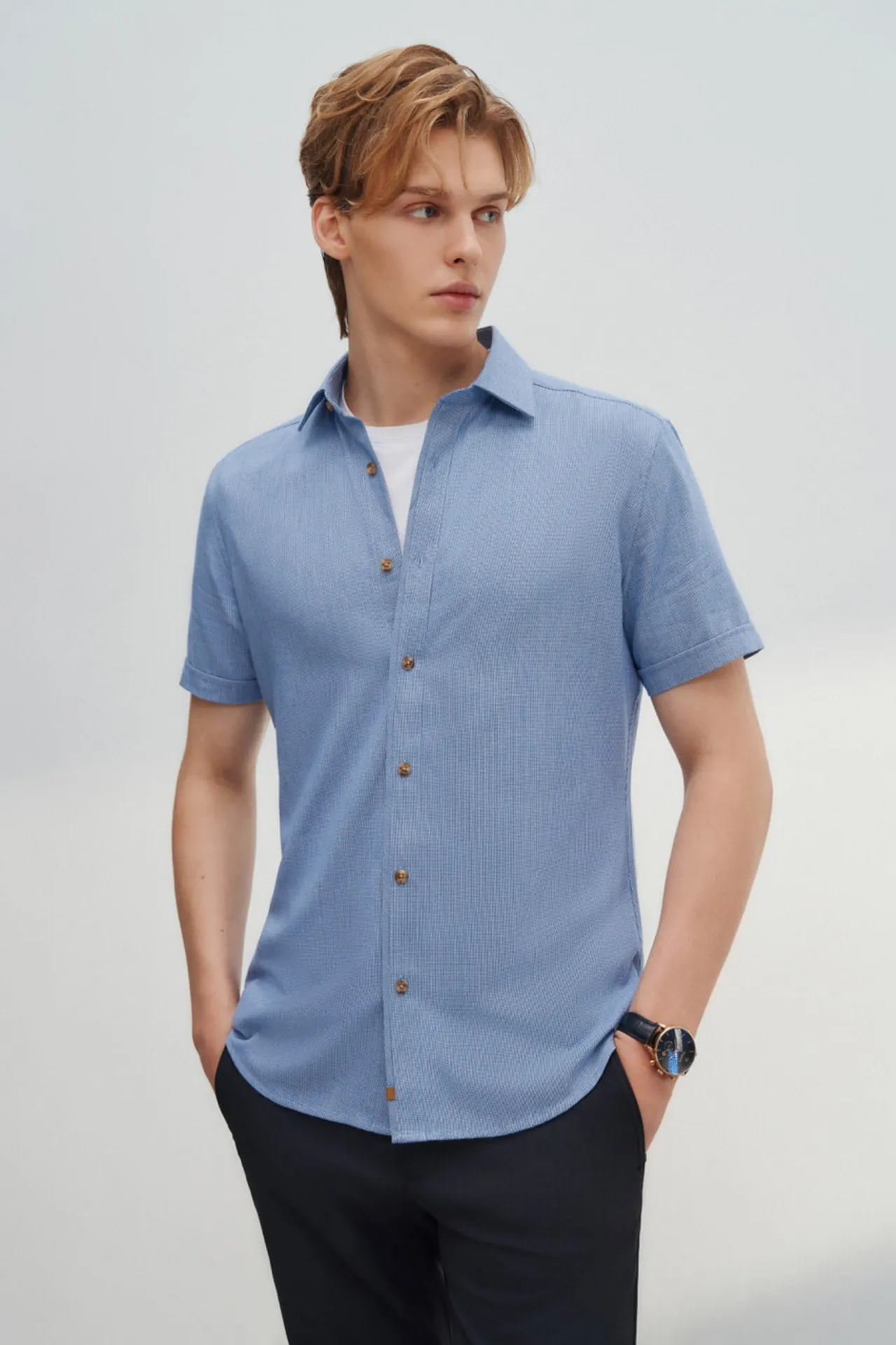 Soft Touch Smart Fit 2 Side Brush 2-Tone Short Sleeve Casual Shirt