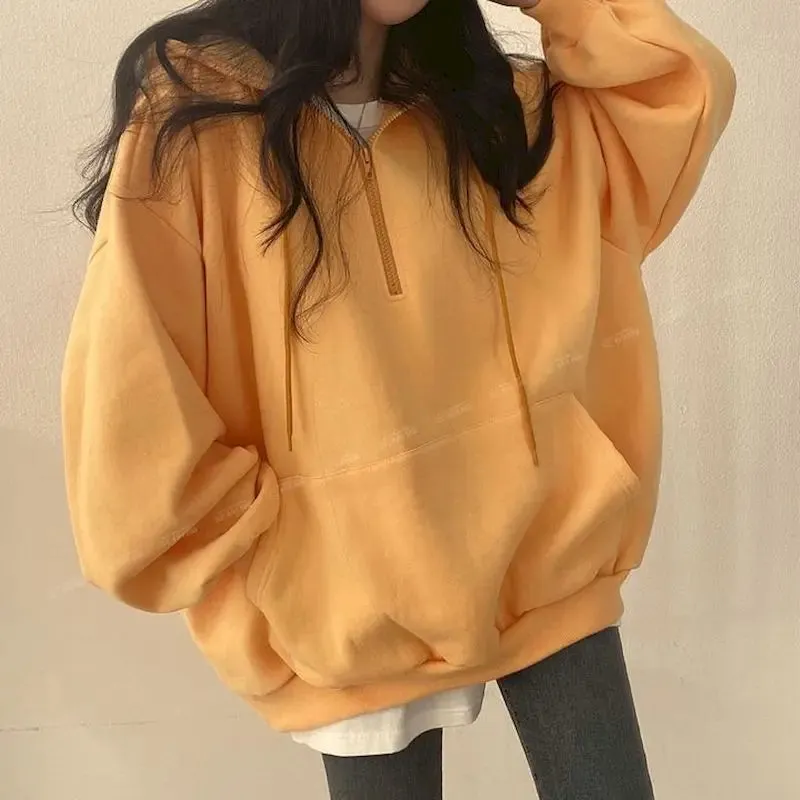 Solid Color Oversized Casual Essential Hooded Zipper Female Hoody