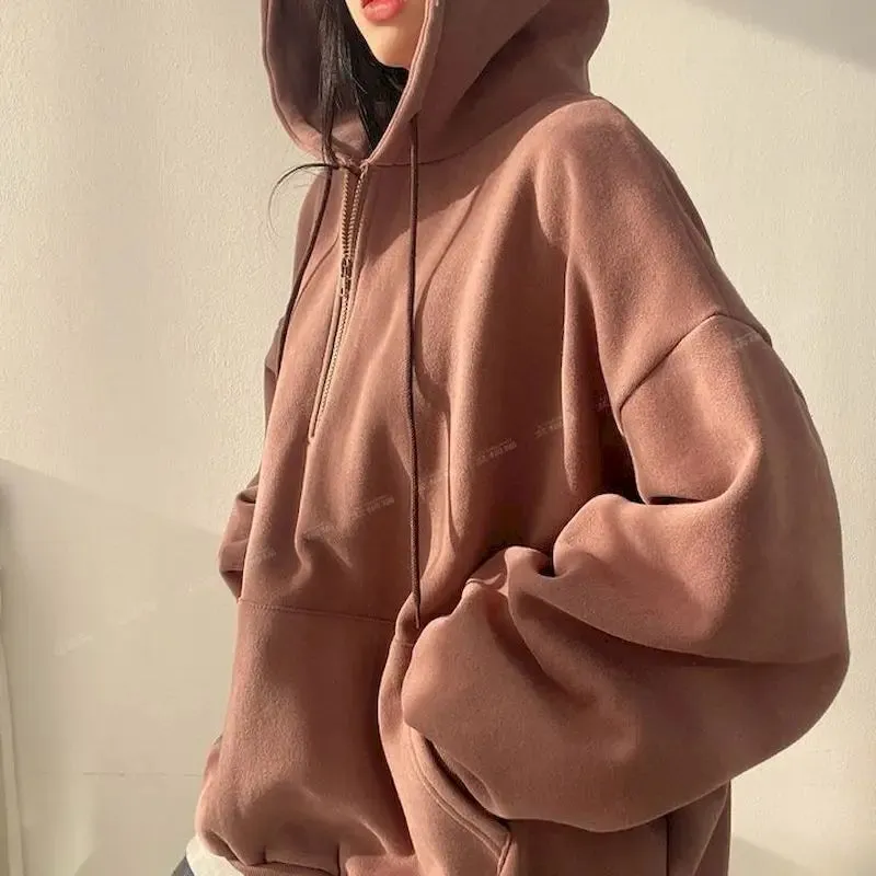 Solid Color Oversized Casual Essential Hooded Zipper Female Hoody