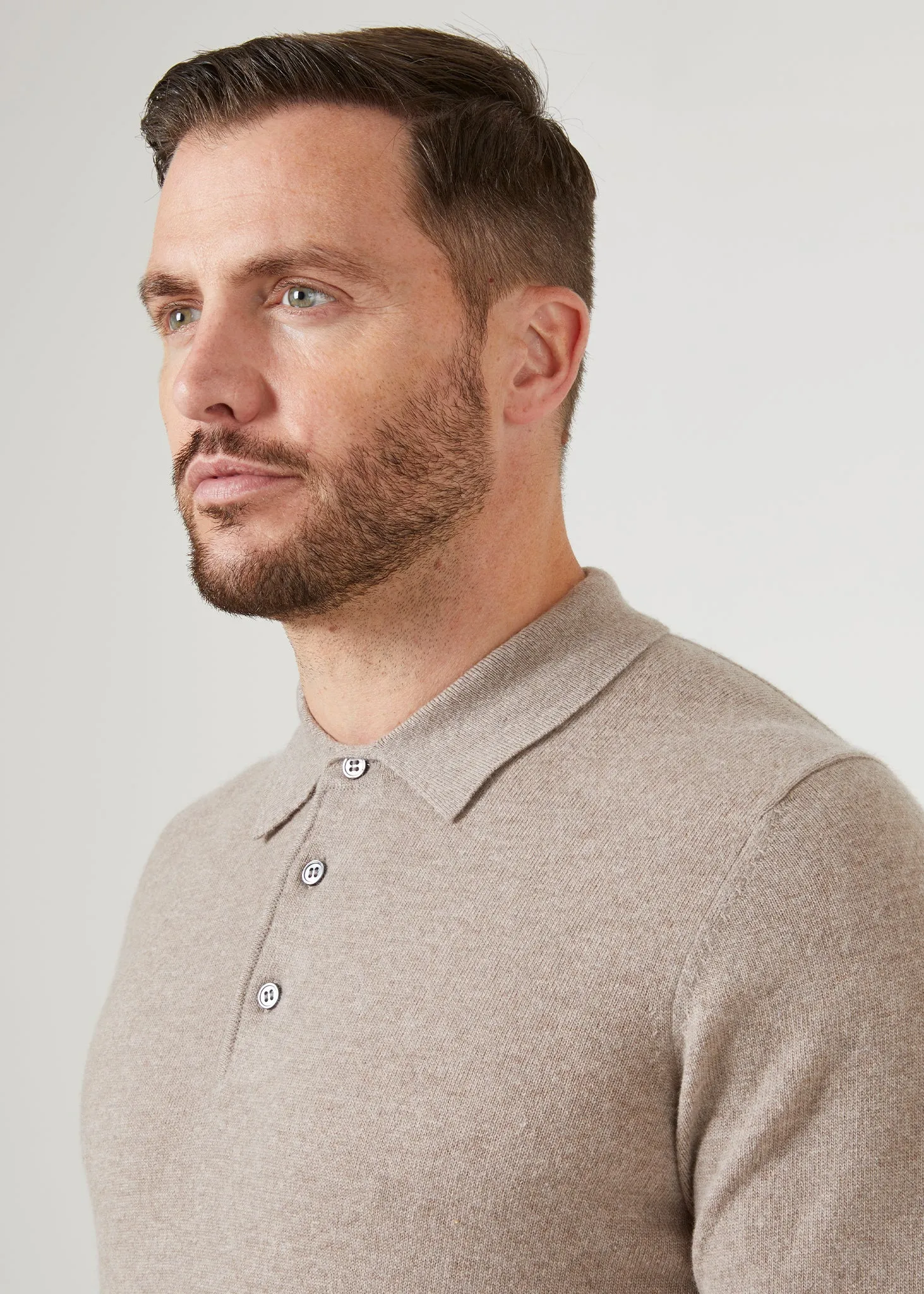 Tresswell Geelong Wool Long Sleeve Polo Shirt in Mushroom - Regular Fit