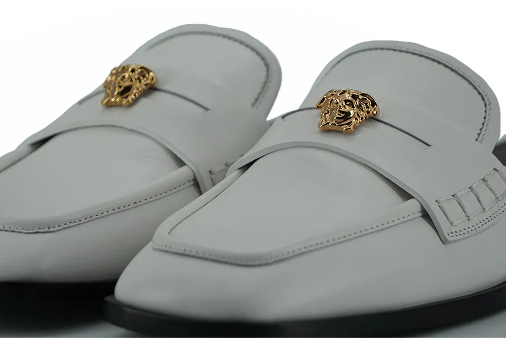 Versace Elegant Gray Leather Flat Slides