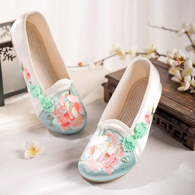 Vintage Peony Flower Embroidered Flat Shoes with Delicate Chinese Buckle