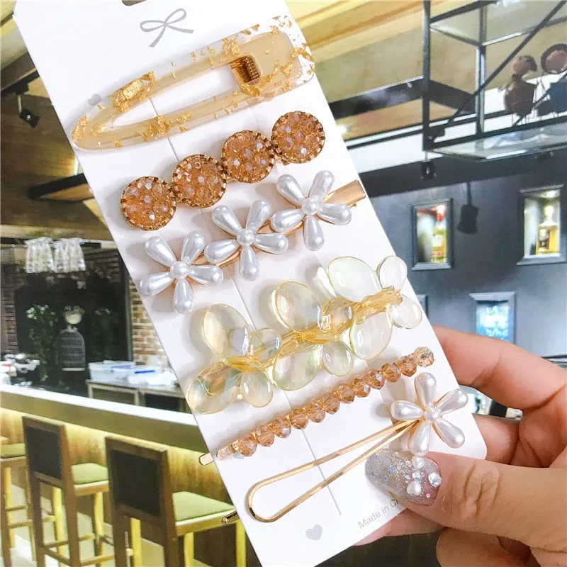 Wenkouban 6pcs Hair Accessories for Women Acrylic Hair Clip Pins Set Big Crystal Pearl Starfish Geometric Gold Headwear Girl Barrette 2022