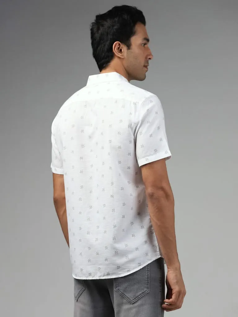 WES Casuals White Leaf Printed Slim-Fit Blended Linen Shirt