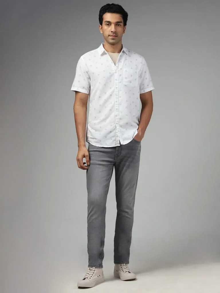 WES Casuals White Leaf Printed Slim-Fit Blended Linen Shirt