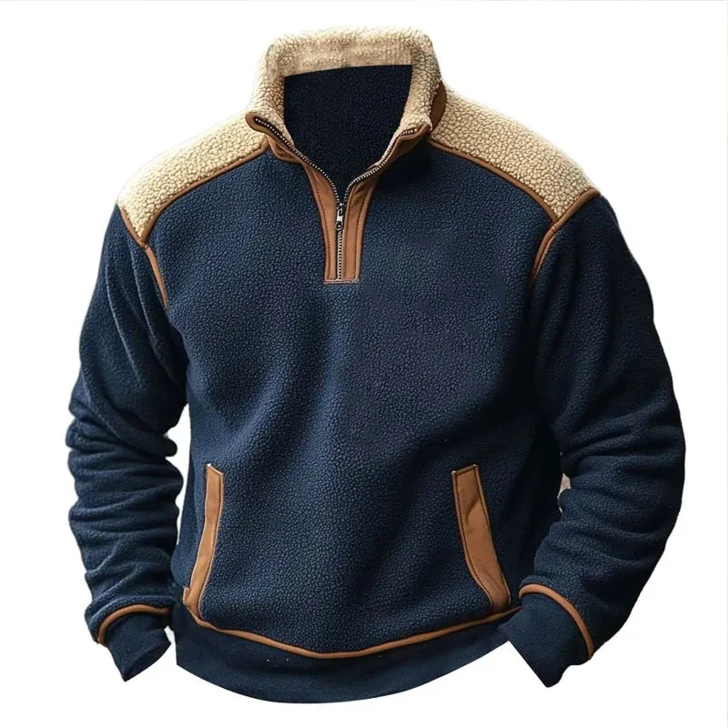 Wiaofellas  -  Retro Contract Color Stand Collar Lambwool Sweatshirts Streetwear Winter Long Sleeve Woolen Zipper Hoodies Men's Casual Pullover