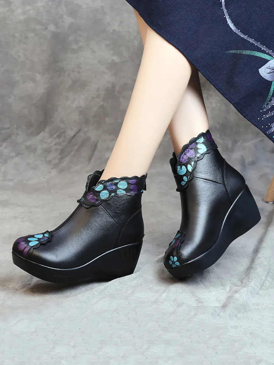 Women Elegant Flower Print Leather Platform Shoes