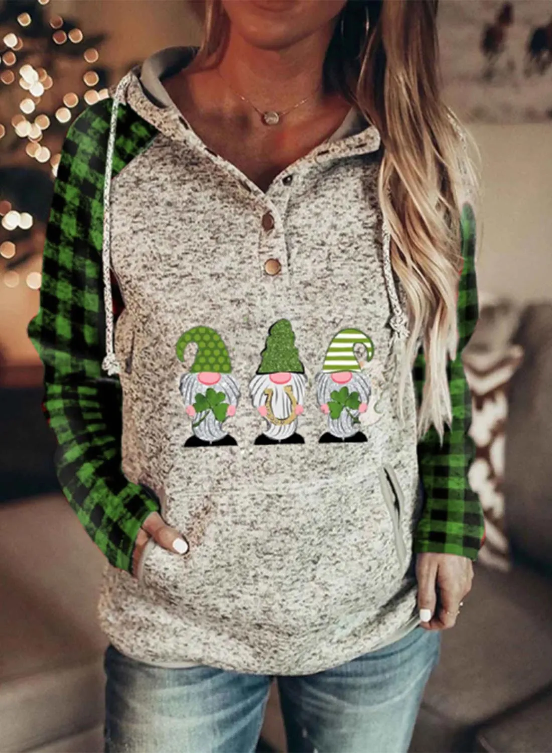 Women's Hoodies Drawstring Plaid Button Long Sleeve Color Block Pocket Hoodies