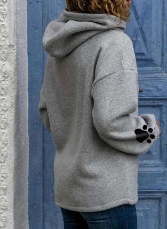 Women's printed cat paw casual long-sleeved pullover loose fall/winter fleece hooded sweater