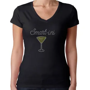 Womens T-Shirt Rhinestone Bling Black Fitted Tee Smartini Smart Martini Glass